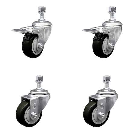 Service Caster 3.5 Inch Black Polyurethane Swivel 12mm Stem Caster Total Lock Brake, 2PK SCC-TSTTL20S3514-PPUB-BLK-M1215-2-S2